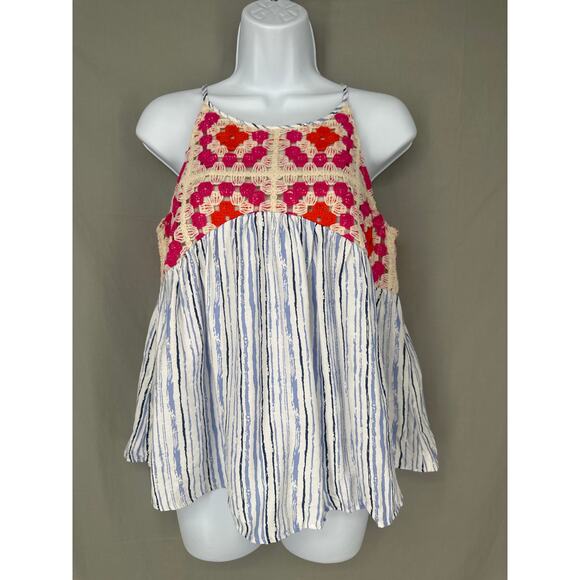 THML Top Womens XS Blue Flowy Tank Pink Crochet Floral Cottage Boho Halter - Picture 1 of 6